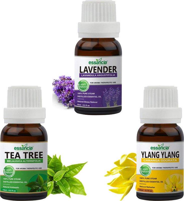 essancia Pack of 3 Essential Oils Tea Tree, Lavender, Ylang Ylang Essential Oils Combo Pack, For Skin, Uplifts Mood, Treats Acne, Hair, Face & Aromatherapy. 100% Pure, Natural, Undiluted, & Therapeutic Grade Essential Oils.  (45 ml)