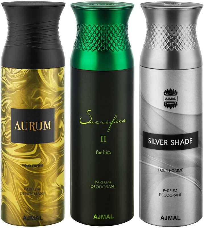 Ajmal Aurum & Sacrifice II & SilverShade Deodorant Spray + 3 Testers(each of 200 ml) Deodorant Spray - For Men & Women  (600 ml, Pack of 3)