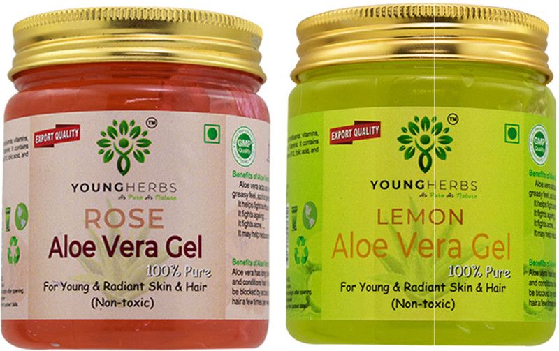 Young Herbs Organic Pure Natural Lemon And Rose Aloevera Gel Combo for Face, Hair and Skin Care 200 Gram Each (Pack of 2)  (200 ml)