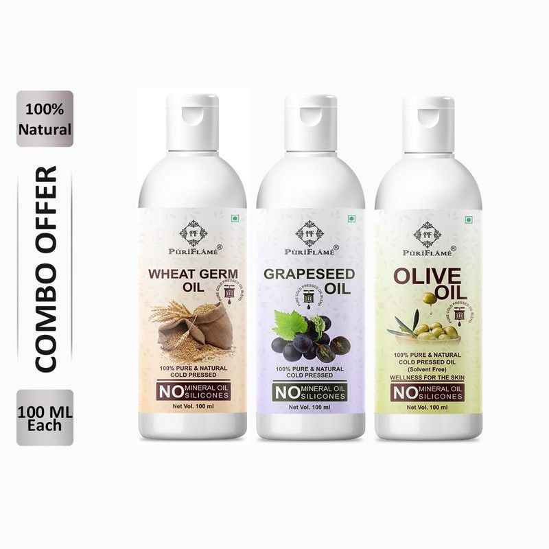 PuriFlame 100% Pure Wheat Germ Oil 100ML & Grapeseed Oil 100ML & Olive Oil 100 ML Combo For Rapid Hair Growth, Anti Hair Fall, Split Ends & Promotes Softer & Shinier Hair (Pack Of 3) Hair Oil  (300 ml)