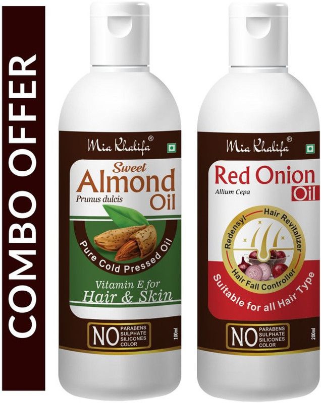 Mia Khalifa Pure Cold Pressed SWEET ALMOND OIL with Vitamin E for Hair Regrowth & Body Oil 100 ML + Red Onion Oil with Redensyl + Hair Revitalizer, Hair Regrowth & Hair Fall Control Hair Oil 200 ML Hair Oil  (300 ml)