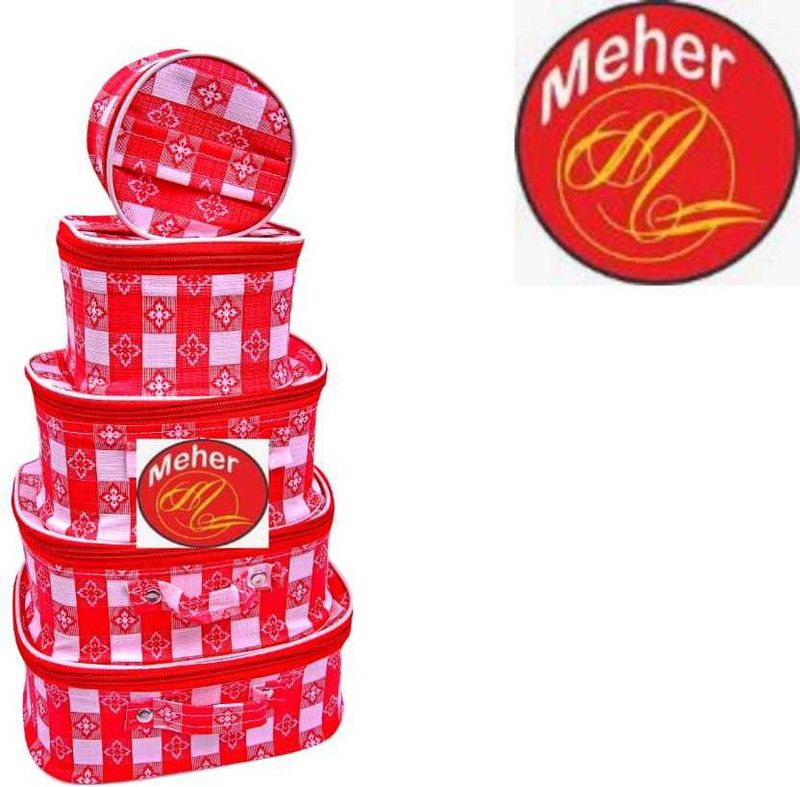 Meher CHECK FABRIC MAKUP KIT Vanity Box  (RED)