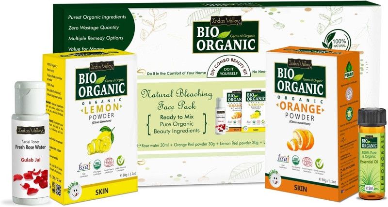 Indus Valley Bio Organic Natural Bleaching Face Pack, comprises of Lemon peel powder , Orange peel powder, Rose water toner and Lemongrass oil - Special Gift Pack  (4 x 23.75 g)