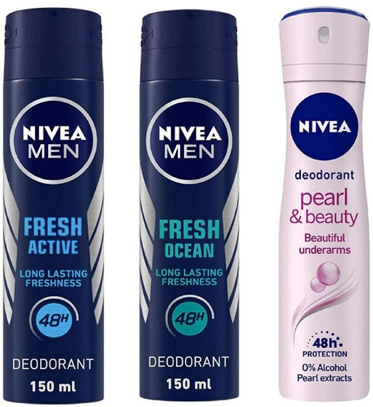 Nivea Fresh Active Deo ,Fresh Ocean Deo ,Pearl & BeautyDeo Deodorant Spray - For Men & Women  (450 ml, Pack of 3)