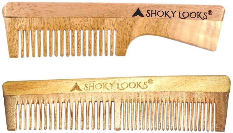 SHOKY LOOKS Handcraft Neem Wood Hair Comb - Anti Dandruff, Non-Static Combo-2