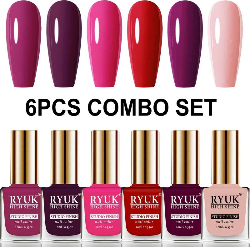 RYUK Long Shine HD Colors Nail Polish Combo Offer Set of 6 Pcs MRYNK-69 Dark Magenta, Wine, Passion Pink, Red, Dark Maroon, Rose Gold  (Pack of 6)