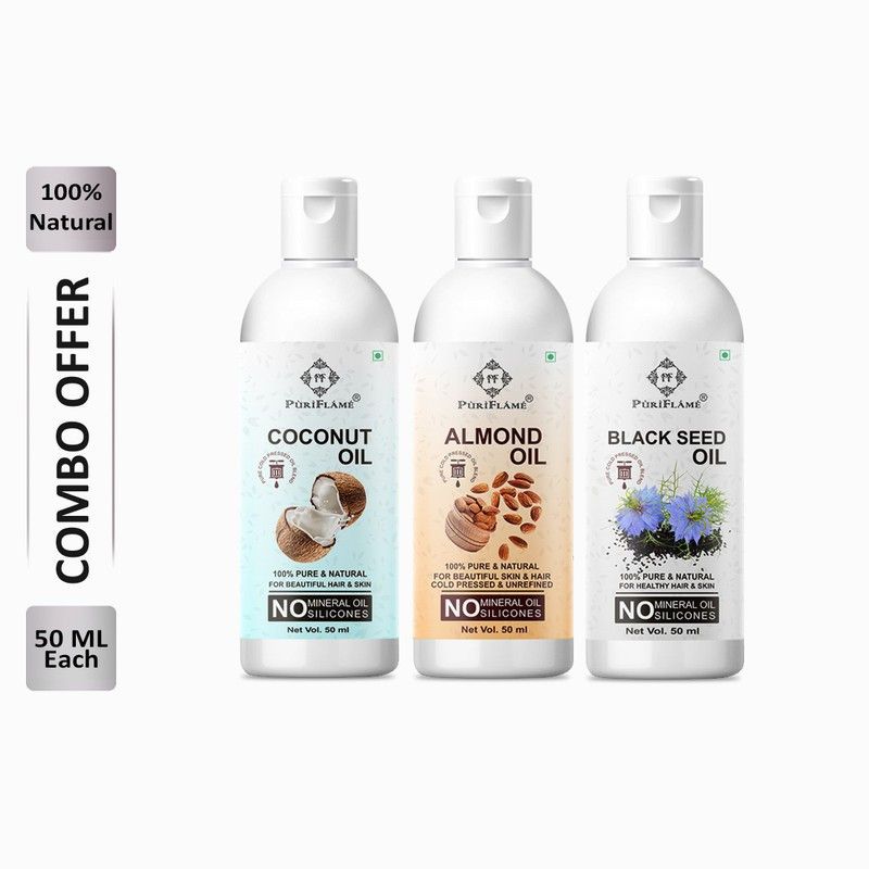 PuriFlame 100% Pure Coconut Oil 50ML & Almond Oil 50ML & Blackseed Oil 50ML Combo Hair Oil  (150 ml)