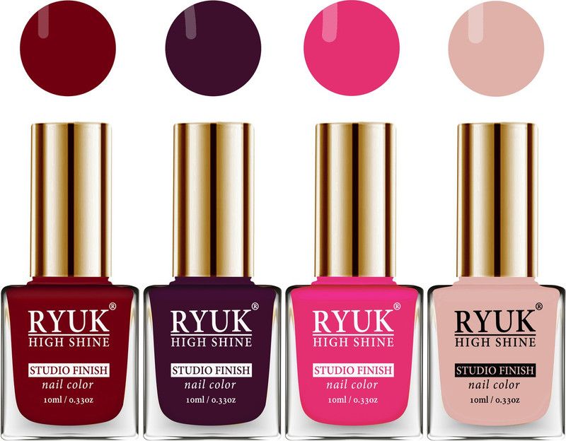 RYUK HD Colors Long Lasting Glossy Gel Effect Nail Paint 40 ml (RYNPS-245) Blued Red, Wine, Passion Pink, Rose Gold  (Pack of 4)