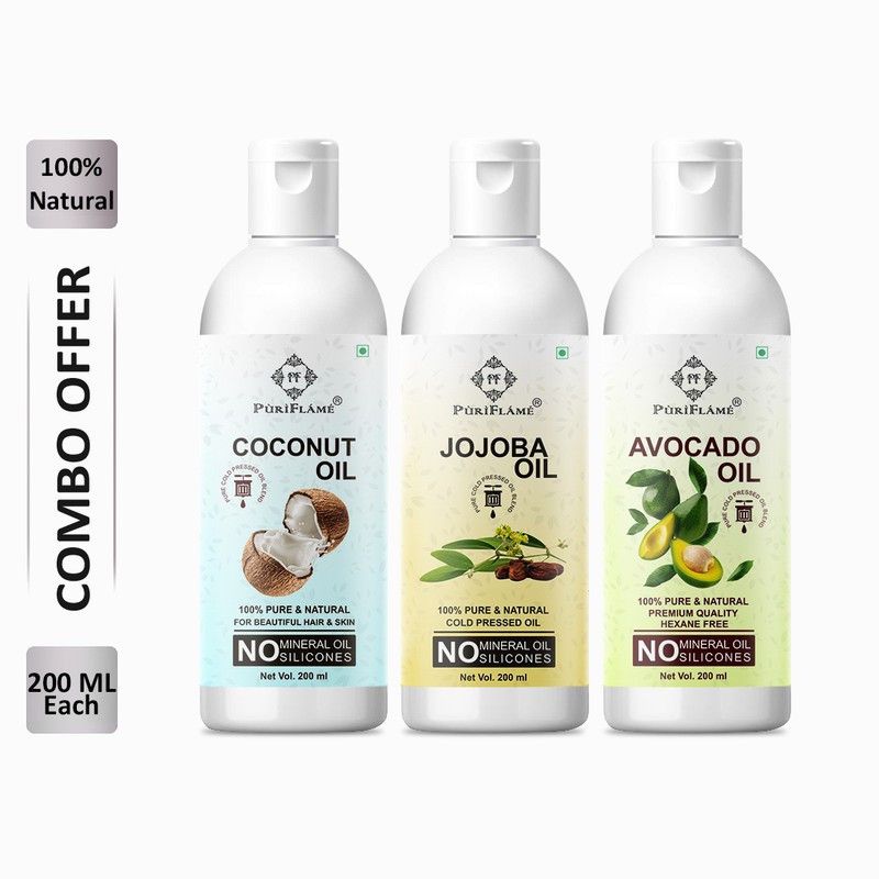 PuriFlame 100% Pure Coconut Oil 200ML & Jojoba Oil 200ML & Avocado Oil 200ML Combo For Rapid Hair Growth, Anti Hair Fall, Split Ends & Promotes Softer & Shinier Hair (Pack Of 3) Hair Oil  (600 ml)