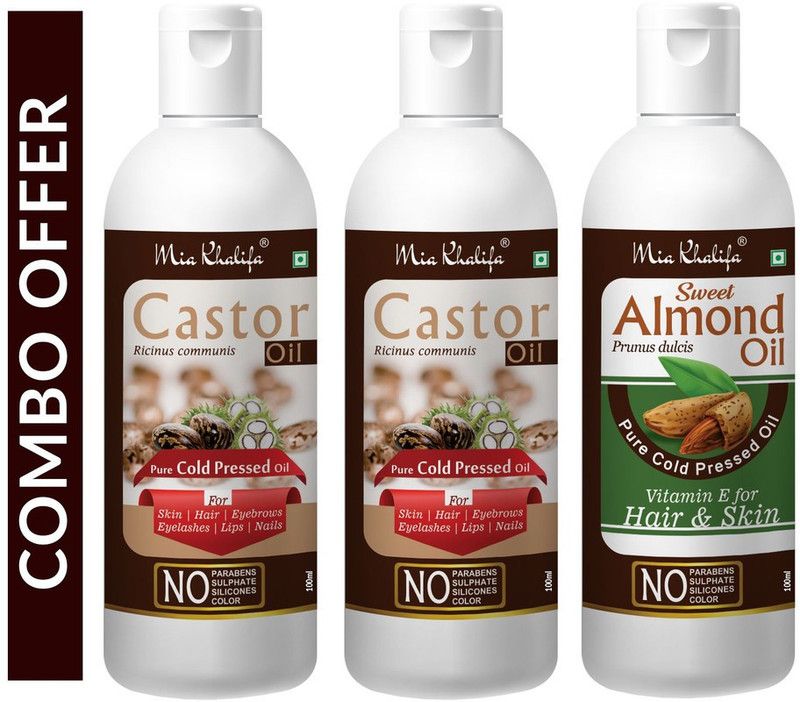 Mia Khalifa 100% Pure Castor Hair Oil, Cold Pressed, To Support Hair Growth 100 ML X 2 200 ML + Pure Cold Pressed SWEET ALMOND OIL with Vitamin E for Hair Regrowth & Body Oil 100 ML Hair Oil  (300 ml)