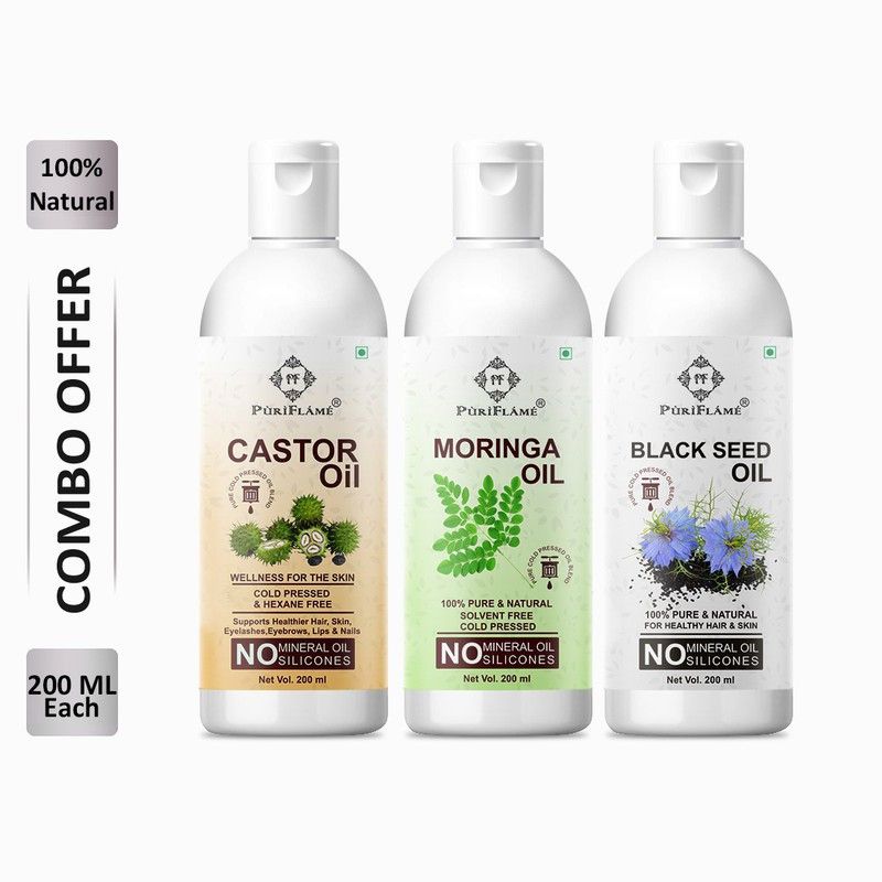 PuriFlame 100% Pure Castor Oil 200ML & Moringa Oil 200ML & Blackseed Oil 200ML Combo Hair Oil  (600 ml)
