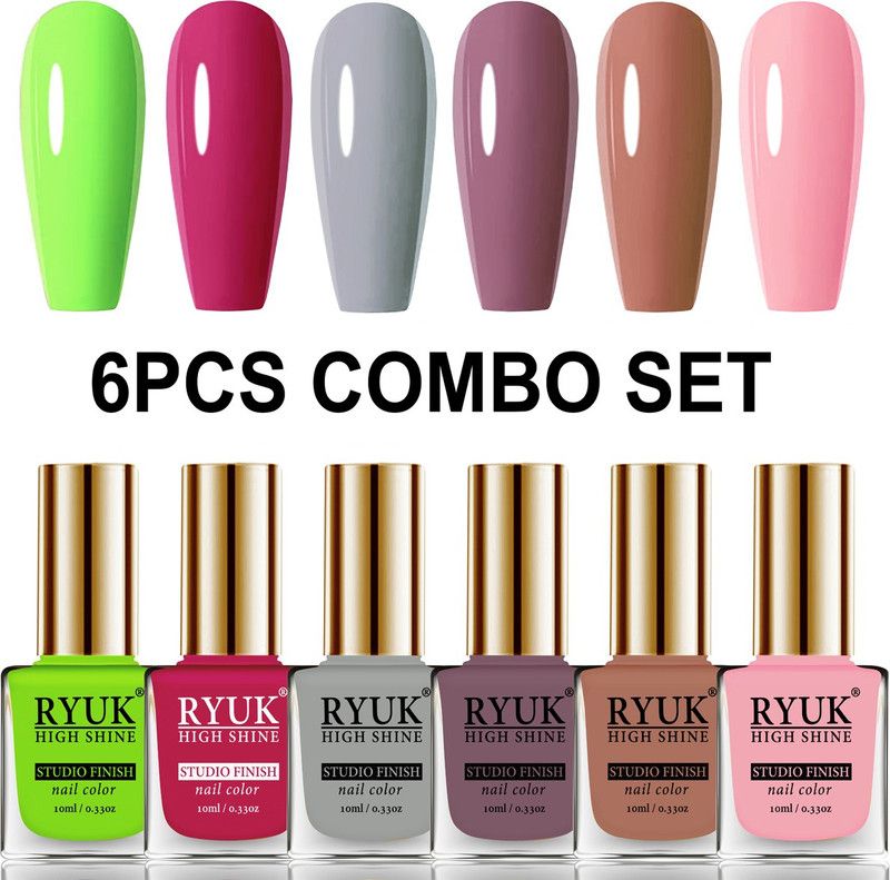 RYUK Long Shine HD Colors Nail Polish Combo Offer Set of 6 Pcs RYNP-99 Parrot Green, Red Magenta, Light Grey, Purple Nude, Bronze Solid, Baby Pink  (Pack of 6)