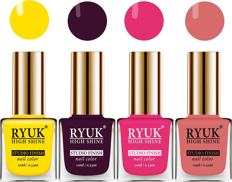 RYUK HD Colors Long Lasting Glossy Gel Effect Nail Paint 40 ml (RYNP-218) Yellow, Wine, Passion Pink, Pink Peach  (Pack of 4)