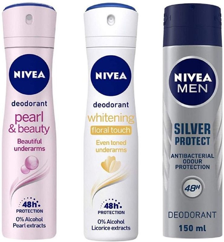 NIVEA Pearl & Beauty Deo 150 ml , Whitening Floral Touch Deo 150 Ml Deo , Silver Protect 150 ml (Pack of 3) Deodorant Spray - For Men & Women  (450 ml, Pack of 3)