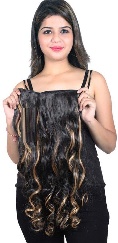BeatStock Highlighted curly Black hair extensions Extensions And Wigs 5 Clip 1 Piece Curly Extensions for Women and Girls , 24 Inch 120 g , Black and Golden Hair Extension