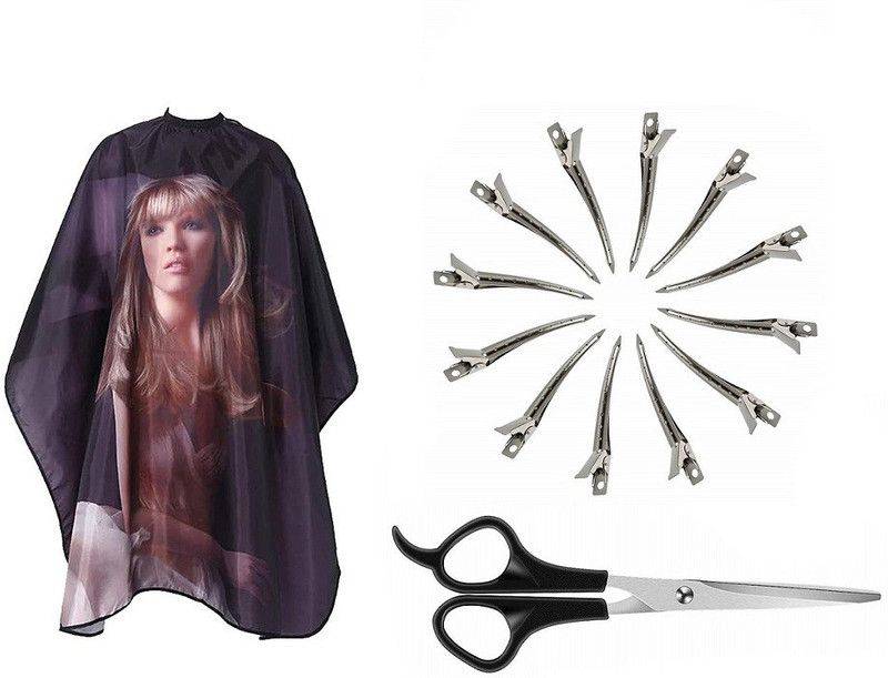 Uniqon Set Of Hair Setting Clip And Scissor With Printed Black Hair Cutting Sheet Makeup Apron
