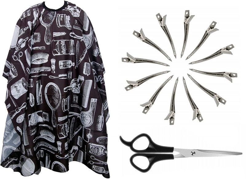 Adhvik Combo Of Hair Silver Clip & Scissor Set With Black Printed Hair Cutting Sheet Makeup Apron