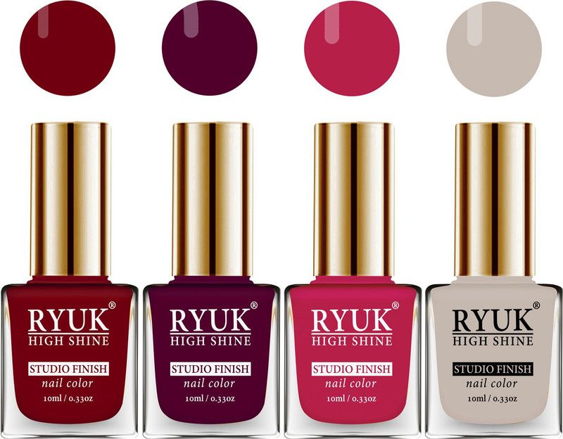 RYUK HD Colors Long Lasting Glossy Gel Effect Nail Paint 40 ml (RYNPS-282) Blued Red, Dark Maroon, Red Magenta, Light Nude  (Pack of 4)
