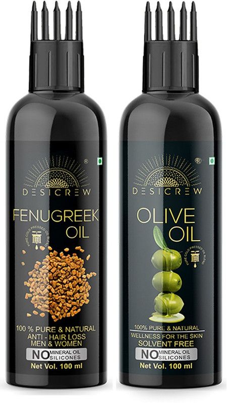 Desi Crew 100 % Pure FenugreeK & Olive oil - WITH COMB APPLICATOR - Cold Pressed - For Skin , Body & Hair Care Combo Of 2 Bottle 200 ml Hair Oil  (200 ml)