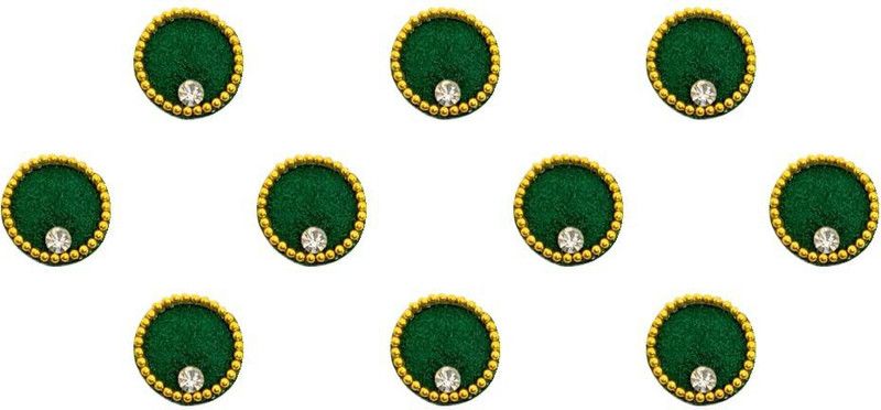 Comet Busters Round Green Velvet Bindi With Gold Bead Border and Stone (9mm) (BV1599) Forehead Green Bindis  (Designer Bindi)