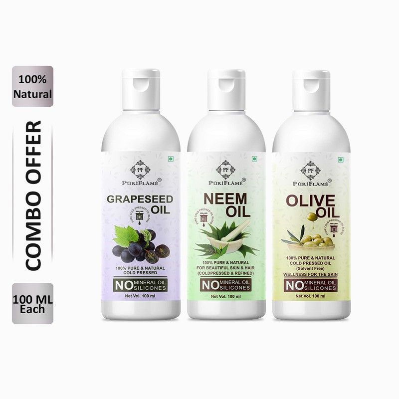PuriFlame 100% Pure Grapeseed Oil 100ML & Neem Oil 100ML & Olive Oil 100ML Combo For Rapid Hair Growth, Anti Hair Fall, Split Ends & Promotes Softer & Shinier Hair (Pack Of 3) Hair Oil  (300 ml)
