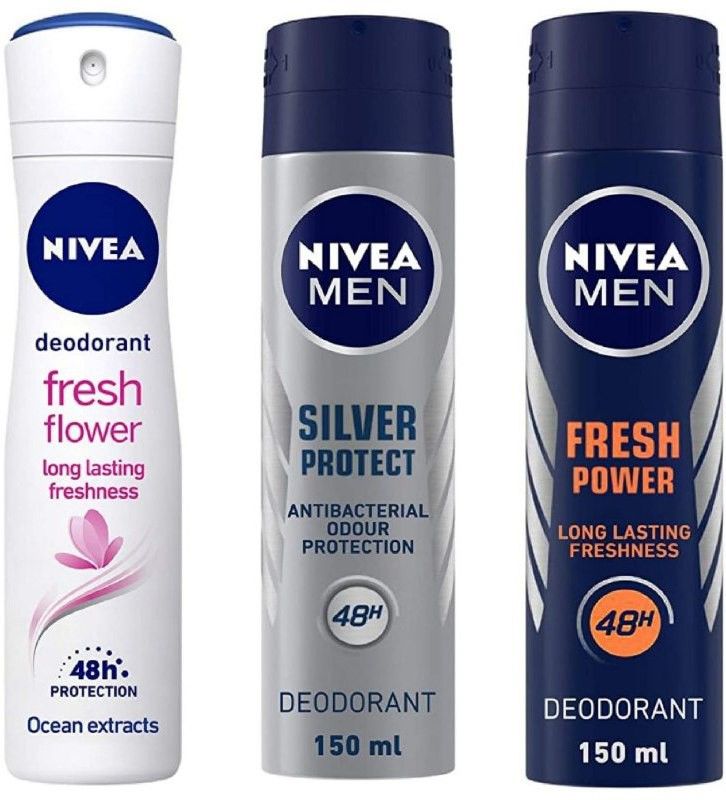 NIVEA Fresh Flower Deo 150 ml , Silver Protect Deo 150 Ml , Fresh Power Deo 150 ml (Pack of 3) # 86 Deodorant Spray - For Men & Women  (450 ml, Pack of 3)