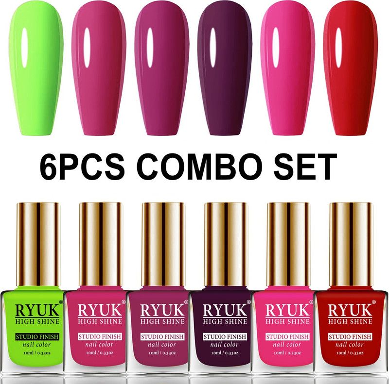 RYUK Long Shine HD Colors Nail Polish Combo Offer Set of 6 Pcs RYNP-17 Parrot Green, Magenta, Dark Magenta, Wine, Passion Pink, Red  (Pack of 6)