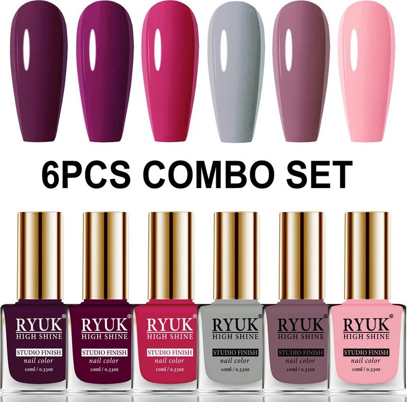 RYUK Long Shine HD Colors Nail Polish Combo Offer Set of 6 Pcs IRYNK-55 Wine, Dark Maroon, Red Magenta, Light Grey, Purple Nude, Baby Pink  (Pack of 6)
