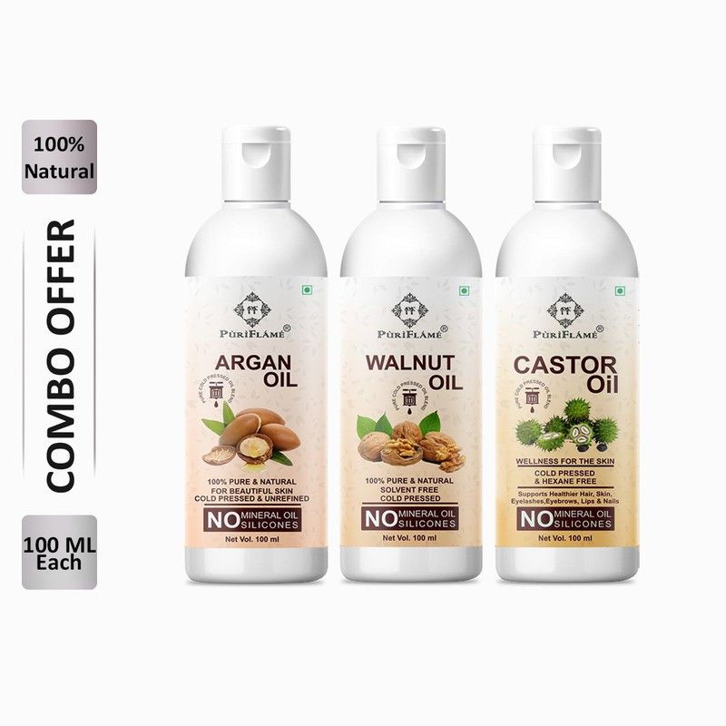 PuriFlame 100% Pure Argan Oil 100ML & Walnut Oil 100ML & Castor Oil 100ML Combo For Rapid Hair Growth, Anti Hair Fall, Split Ends & Promotes Softer & Shinier Hair (Pack Of 3) Hair Oil  (300 ml)