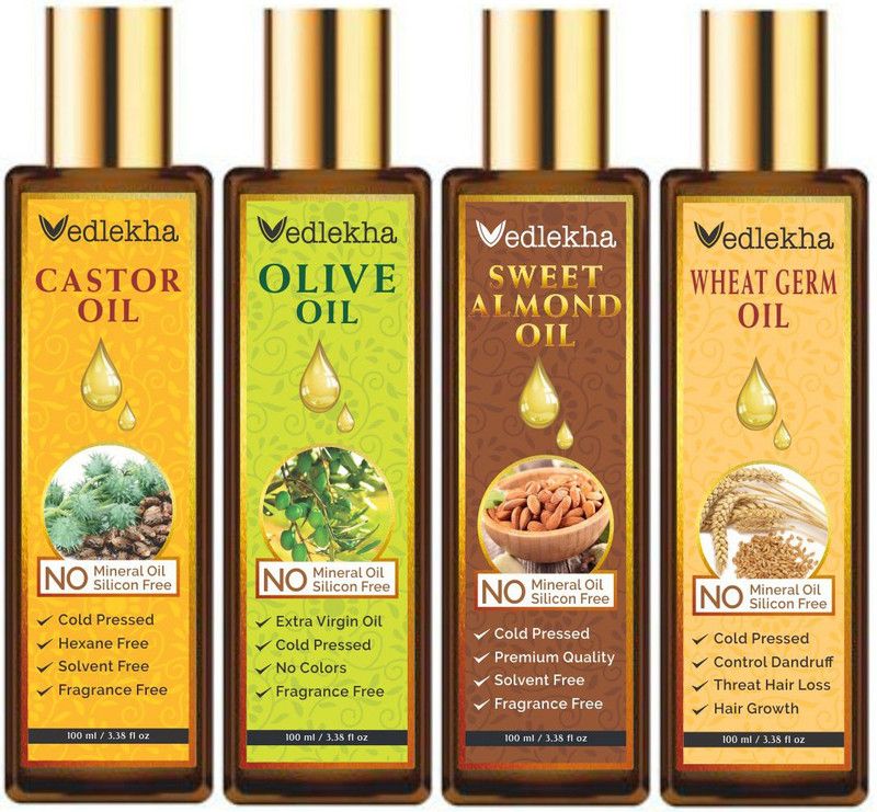 Vedlekha 100% Pure & Natural Castor & Extra Virgin Olive Oil & Sweet Almond Oil & Wheatgerm Oil-100ml-Packof-4-Bottle- Hair Oil  (400 ml)