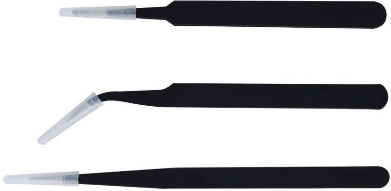 PagKis Set of 3 ESD safe tweezers for electronics repair - Slim Tip Pointed, Round Blunt and Curved Pointed Tip