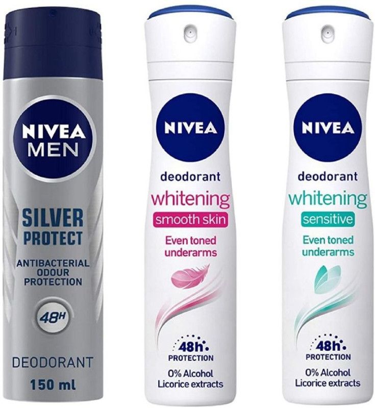 NIVEA Silver Protect Deo 150 ml , Whitening Smooth Skin Deo 150 Ml , Whitening Sensitive Deo 150 ml (Pack of 3) # 166 Deodorant Spray - For Men & Women  (450 ml, Pack of 3)