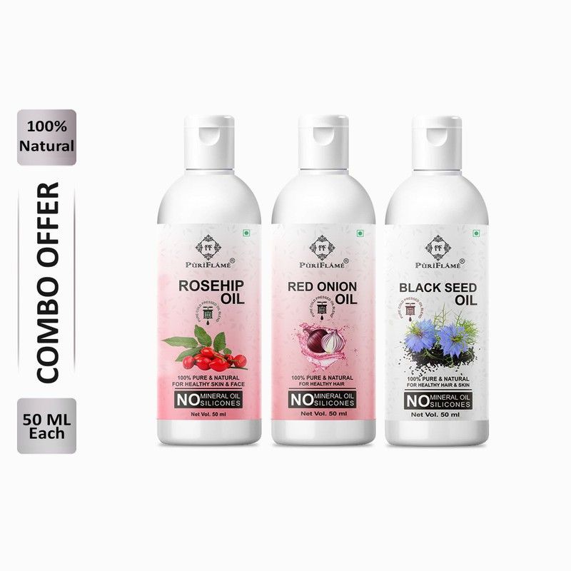 PuriFlame 100% Pure Rosehip Oil 50ML & Red Onion Oil 50ML & Blackseed Oil 50ML Combo For Rapid Hair Growth, Anti Hair Fall, Split Ends & Promotes Softer & Shinier Hair (Pack Of 3) Hair Oil  (150 ml)