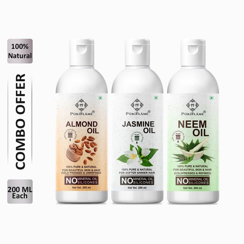 PuriFlame 100% Pure Almond Oil 200ML & Jasmine Oil 200ML & Neem Oil 200ML Combo For Rapid Hair Growth, Anti Hair Fall, Split Ends & Promotes Softer & Shinier Hair (Pack Of 3) Hair Oil  (600 ml)