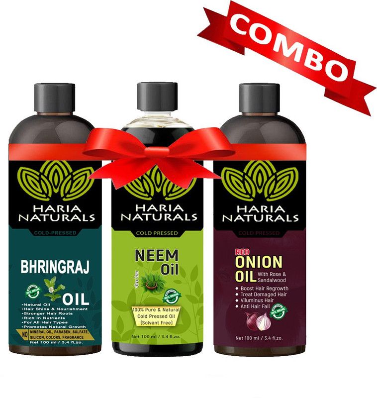Haria 100% Cold Pressed Bhringraj Oil & Neem Oil & Red Onion Oil 100 ml Hair Oil (Combo Pack of 3 Bottles) 300 ml Hair Oil  (300 ml)