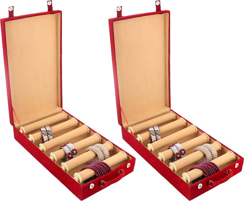 KUBER INDUSTRIES Wooden 2 Piece Six Rod Velvet Bangle Storage Box (Maroon) - CTKTC22750 Make Up Vanity Box  (Maroon)