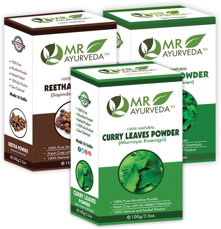MR Ayurveda 100% Herbal Curry Leaves Powder, Reetha Powder & Brahmi Powder - Set of 3  (300 g)