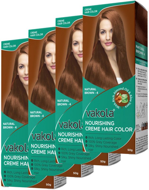 Vakola nourishing long lasting grey coverage cream hair color 50g+50ml (Pack of 4) , Natural Brown