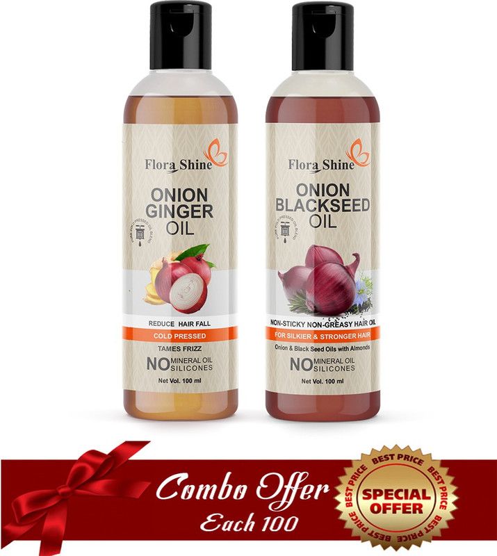 flora shine 100 % Pure & Natural Onion Ginger & Onion Blackseed Oil Combo of 2 No.100 ml Bottles, Hair Oil (200 ml) Hair Oil (200 ml) Hair Oil  (200 ml)