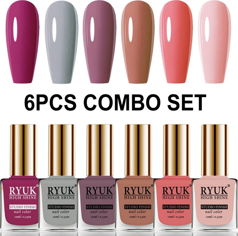 RYUK Long Shine HD Colors Nail Polish Combo Offer Set of 6 Pcs MRYNK-119 Dark Magenta, Light Grey, Purple Nude, Bronze Solid, Pink Peach, Rose Gold  (Pack of 6)