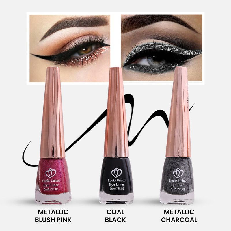 Looks United Metallic Long Lasting Intense Single Stroke Fashion Eyeliner Pack Of 3 15 ml  (Blush Pink, Coal Black, Charcoal)