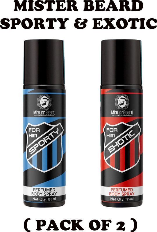 Mister Beard Sporty & Exotic Perfumed Body Spray, Pack of 2 Perfume Body Spray - For Men  (270 ml, Pack of 2)