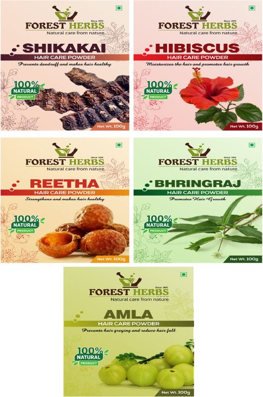 Forest Herbs 100% Natural Organic Shikakai, Amla, Hibiscus, Bhringraj & Reetha Powder Combo Set of 5  (500 g)