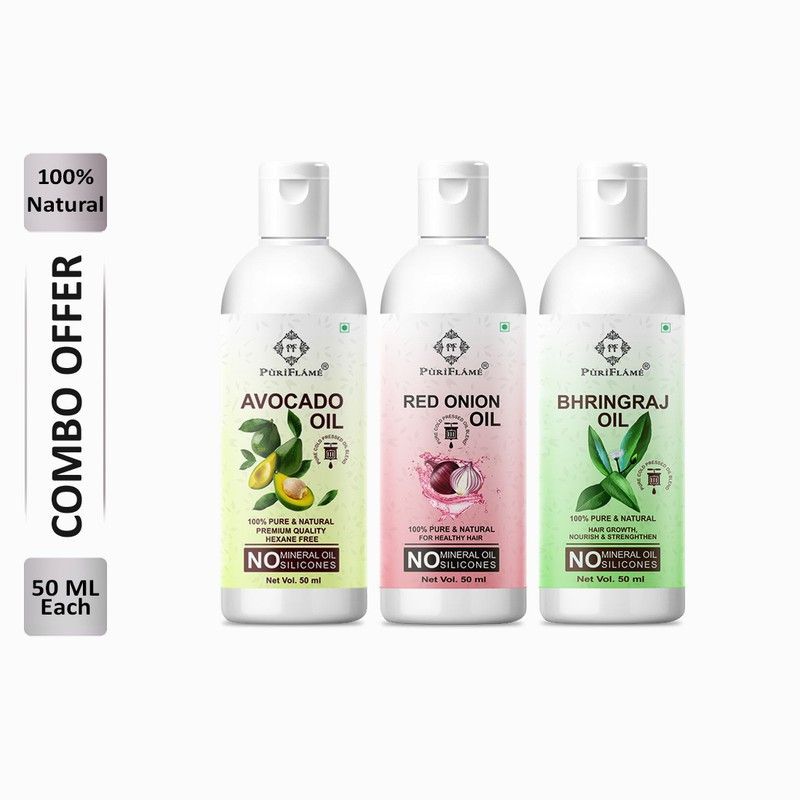 PuriFlame 100% Pure Avocado Oil 50ML & Red Onion Oil 50ML & Bhringraj Oil 50ML Combo For Rapid Hair Growth, Anti Hair Fall, Split Ends & Promotes Softer & Shinier Hair (Pack Of 3) Hair Oil  (150 ml)