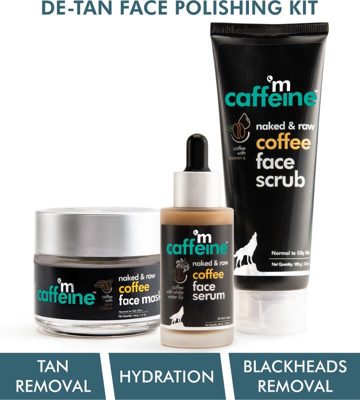 mCaffeine Coffee De-Tan Face Polishing Kit | Tan Removal, Sun Protection | Face Scrub, Face Mask, Face Serum | All Skin | Paraben & Mineral Oil Free  (240 g)