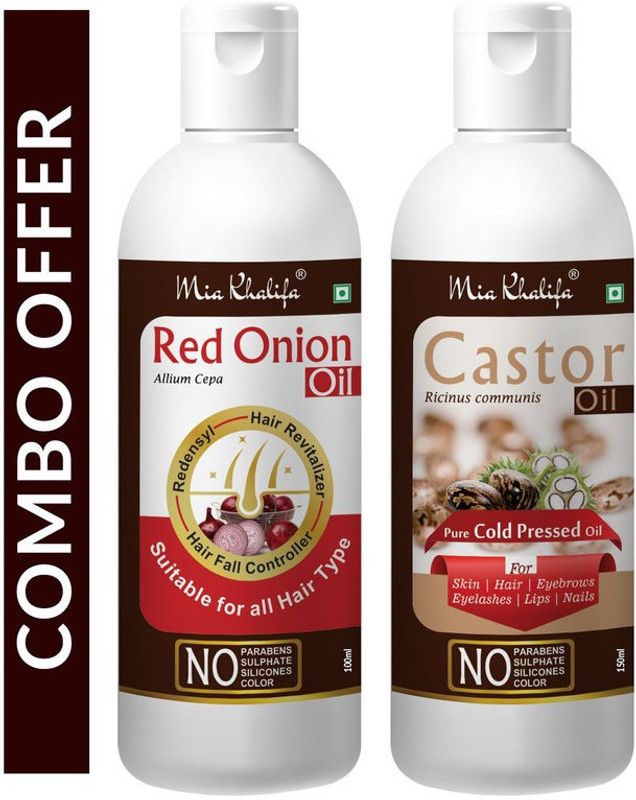 Mia Khalifa Red Onion Oil with Redensyl + Hair Revitalizer, Hair Regrowth & Hair Fall Control Hair Oil 100 ML + 100% Pure Castor Hair Oil, Cold Pressed, To Support Hair Growth 150 ML (Set of 2 Bottle) (250 ML) Hair Oil  (250 ml)
