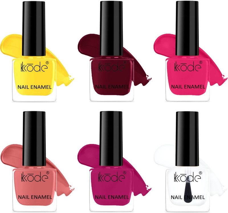 kKode Color Crush Hyper Gloss Non UV Long Lasting New Nail Polish Combo Yellow, Wine, Magenta, Dark Salmon, Dashing Purple, Top Coat  (Pack of 6)