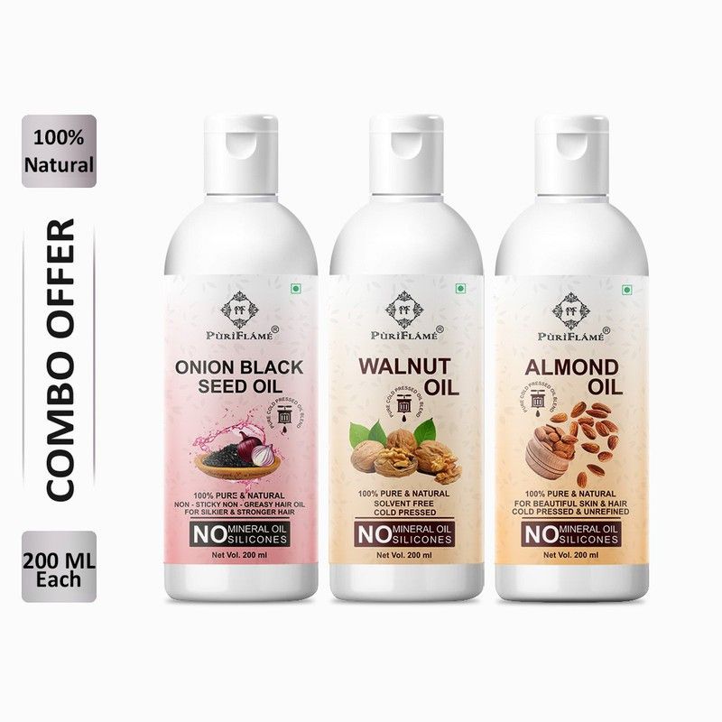 PuriFlame 100% Pure Onionblackseed Oil 200ML & Walnut Oil 200ML & Almond Oil 200ML Combo Hair Oil  (600 ml)