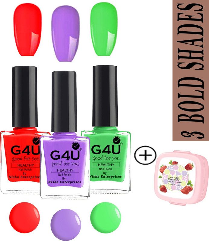 G4U Nail Polishes 3 Indian Bold Shades Nail Paints Set NE05072022A7 Lovender,Vermillion, Grass Green  (Pack of 4)