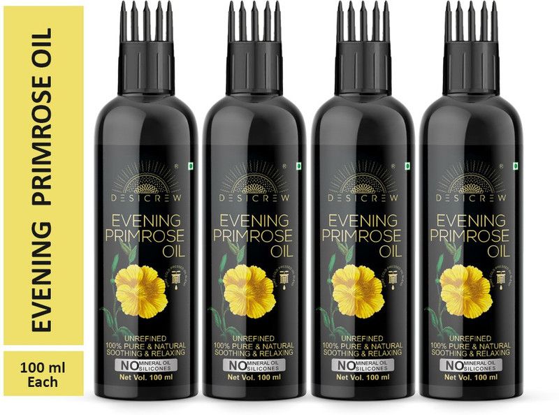 Desi Crew 100 % Pure Evening Primrose Oil - WITH COMB APPLICATOR - Cold Pressed - For , Skin, Hair & Nail Care 100 ML Pack Of 4 Bottle 400 ml Hair Oil  (400 ml)